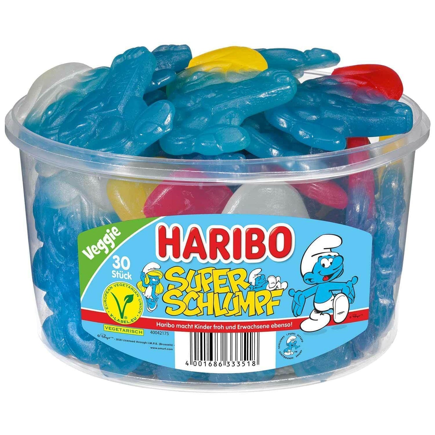 Haribo Super Schlumpf Veggie Fruchtgummi Dose 30 Stück